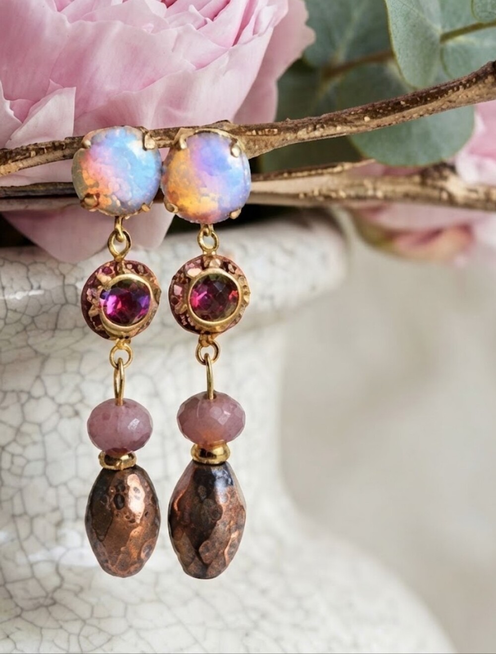 Mystical Pink Fire Opal Glass & Swarovski Crystal Cottagecore Artisan Earrings